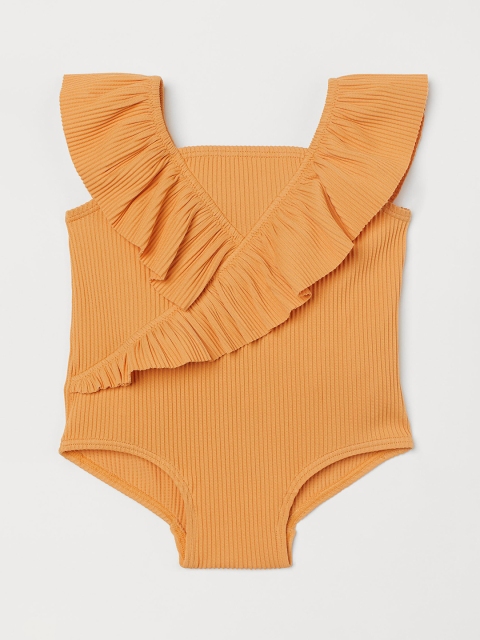 

H&M Girls Mustard Yellow Solid Flounced Swimsuit