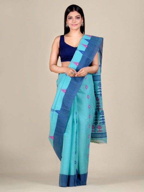 

Mitera Turquoise Blue & Pink Pure Cotton Jamdani Saree