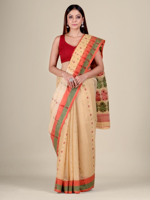 

Mitera Beige & Red Woven Design Zari Pure Cotton Jamdani Saree