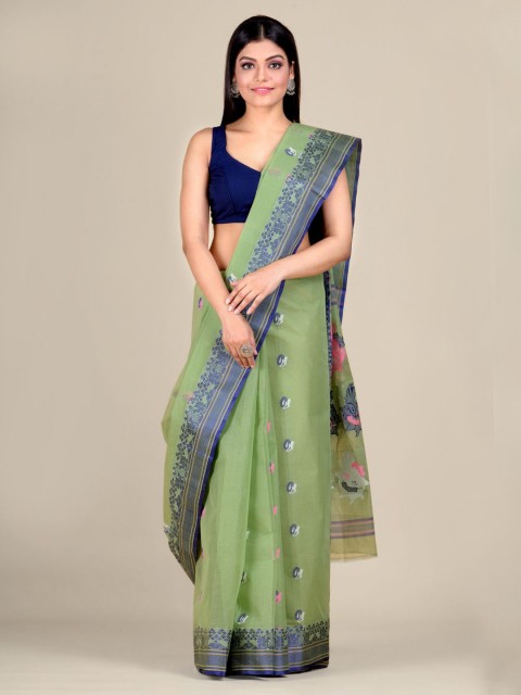

Mitera Green & Blue Ethnic Motifs Pure Cotton Dhakai Jamdani Saree