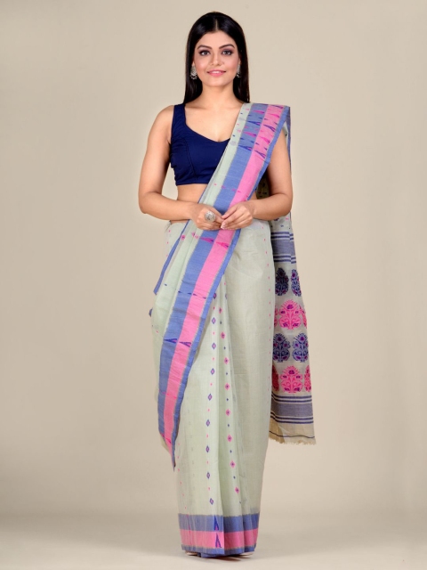 

Mitera Off White & Blue Handwoven Dhakai Buti Pure Cotton Jamdani Saree