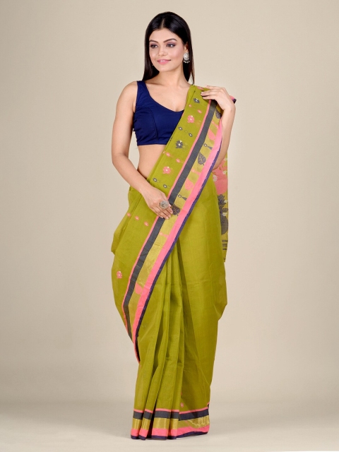 

Mitera Green & Pink Ethnic Motifs Pure Cotton Handloom Jamdani Saree