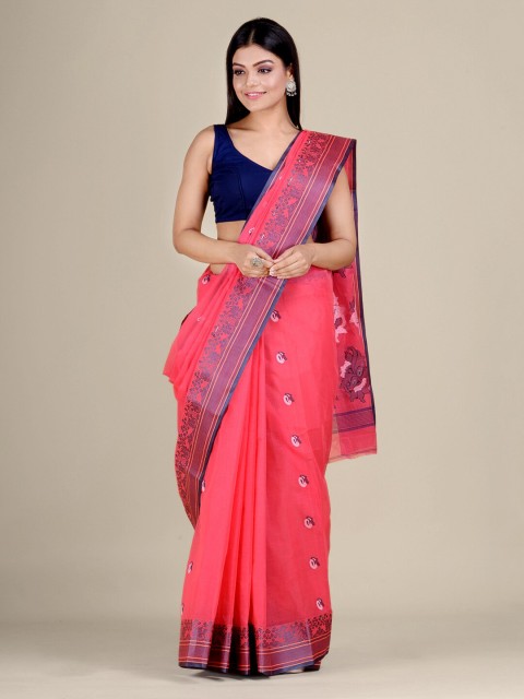 

Mitera Coral Pink & Blue Pure Cotton Jamdani Saree
