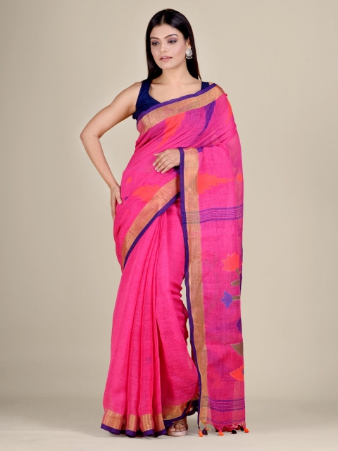 

Mitera Woman Pink & Blue Pure Linen Jamdani Saree