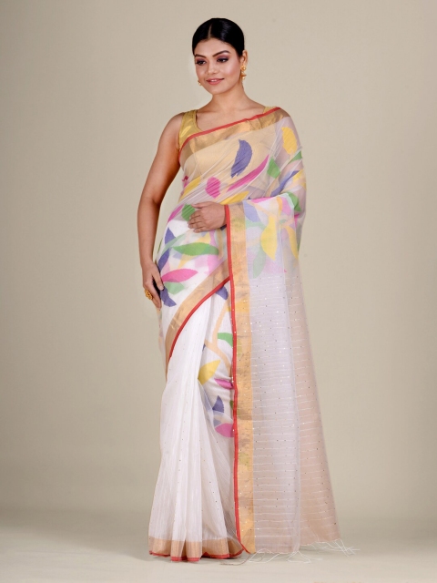 

Mitera White Silk Cotton Handwoven Jamdani Saree with Sequins