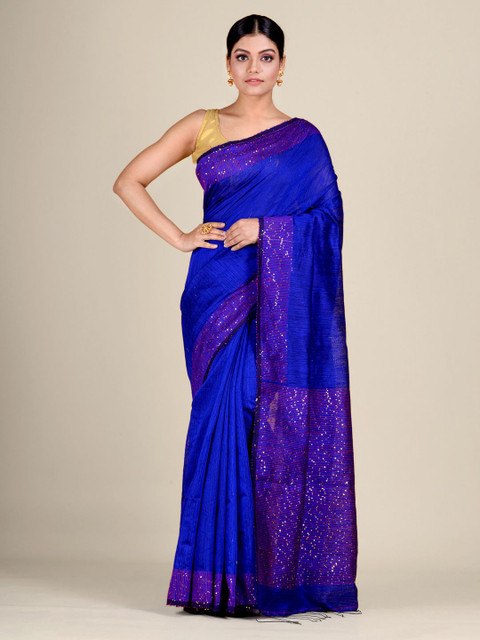 

Mitera Women Blue Silk Matka Handwoven Saree with Sequins