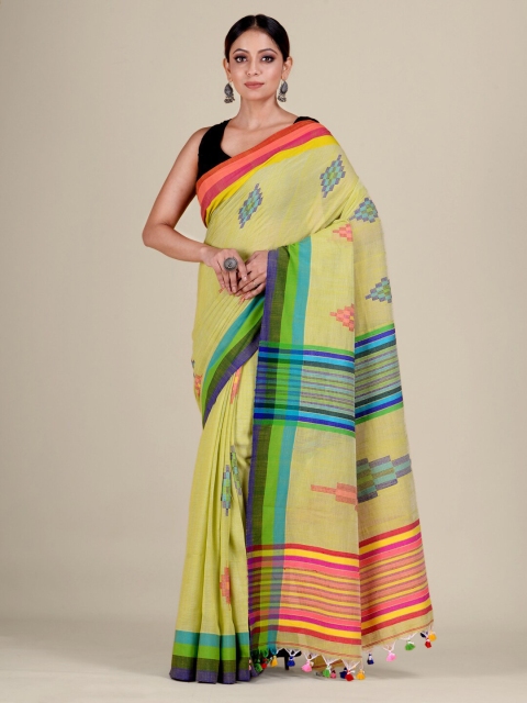 

Mitera Lime Green & Multicoloured Striped Handwoven Pure Cotton Jamdani Saree