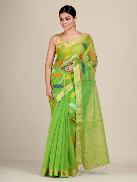 

Mitera Women Green & Multicoloured Jamdani Sequined Silk Cotton Saree