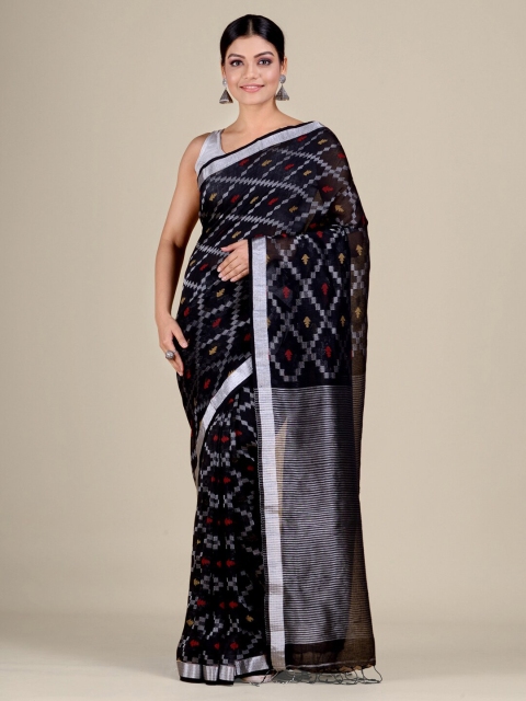 

Mitera Women Black & Silver-Toned Jamdani Zari Woven Design Linen Blend Saree