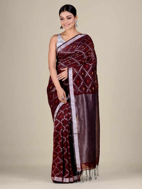 

Mitera Brown & Red Geometric Handwoven Zari Cotton Blend Jamdani Saree
