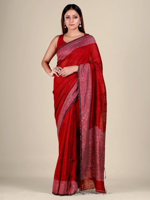 

Mitera Women Maroon & Silver-Toned Jamdani Sequinned Silk Blend Saree