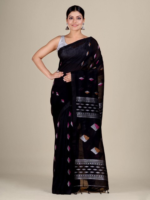 

Mitera Woman Black & Yellow Linen Blend Jamdani Saree