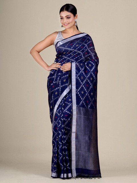 

Mitera Women Blue Cotton Linen Hand Woven Saree with Zari Work