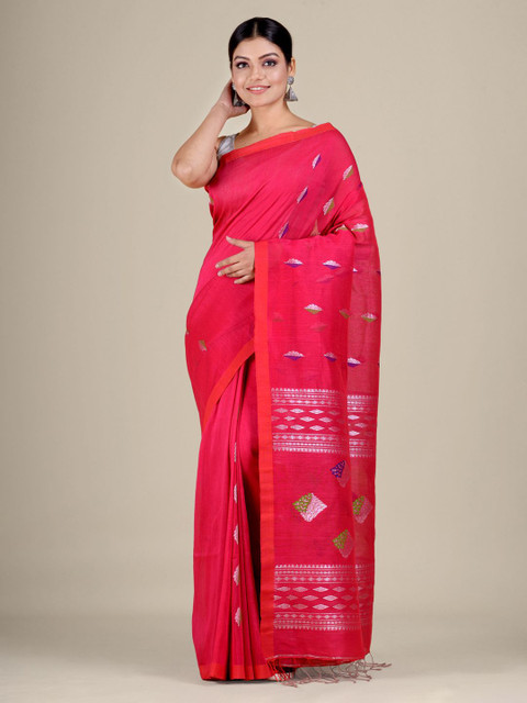 

Mitera Women Pink & Green Jamdani Woven Design Ethnic Motifs Linen Blend Saree