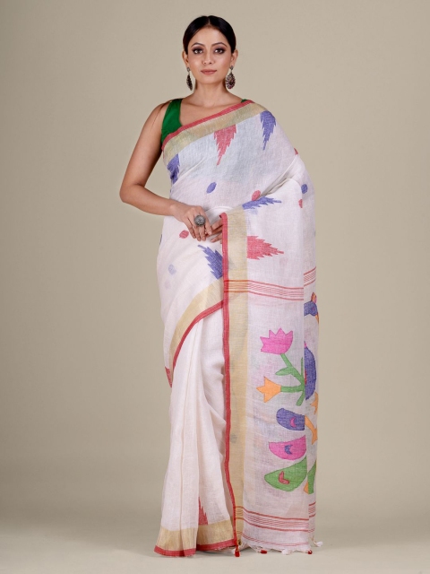 

Mitera White & Red Warli Handwoven Pure Linen Jamdani Saree