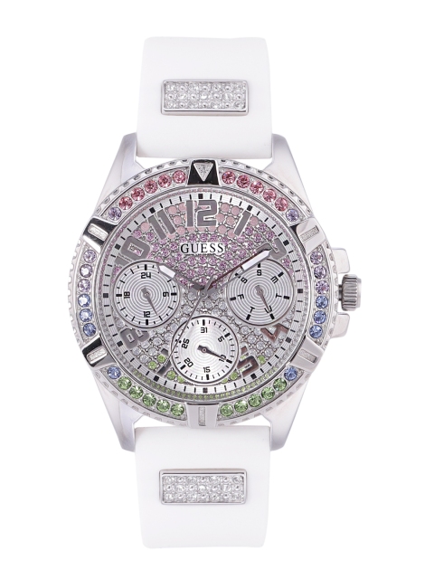 

GUESS Women Silver-Toned Embellished Dial & White Straps Analogue Watch GW0045L1