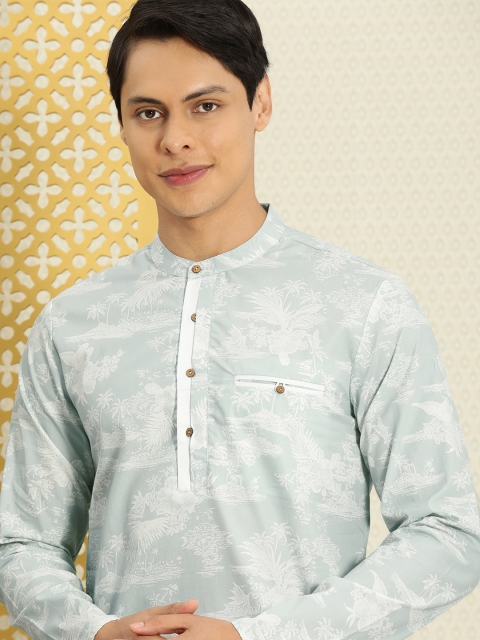 

House of Pataudi Men Sea Green & White Floral Printed Pure Cotton Rozana Kurta