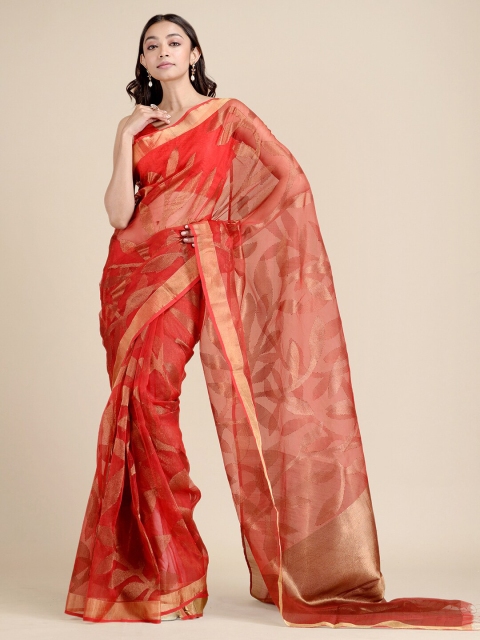 

Mitera Red & Gold-Toned Floral Zari Pure Silk Jamdani Saree
