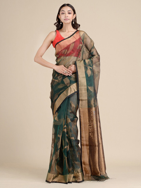 

Mitera Green & Gold-Toned Hand Woven Zari Pure Silk Jamdani Saree