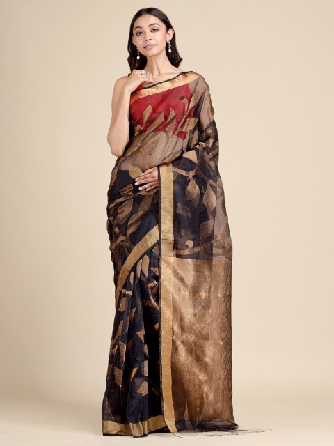 

Mitera Black & Gold-Toned Floral Zari Pure Silk Jamdani Saree