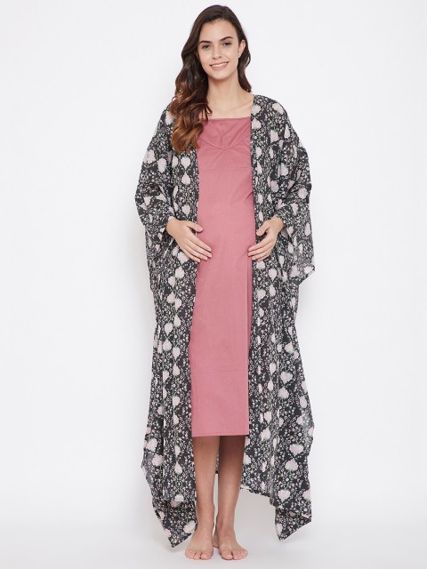 

The Kaftan Company Black & Pink Solid Maternity Nightdress With Robe