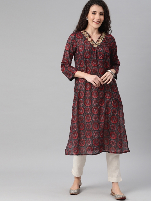 

Global Desi Women Rust Red & Gold Floral & Micro Dot Printed Thread Work Straight Kurta