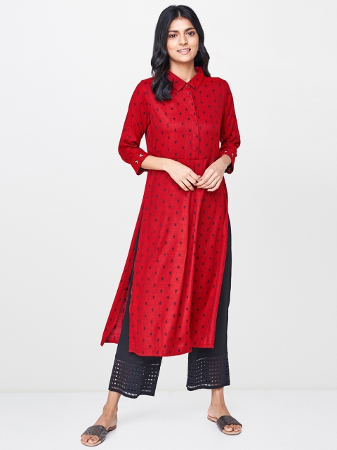 

Global Desi Women Red & Black Geometric Embroidered Thread Work Kurta