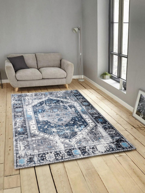 

ROMEE Grey & Blue Ethnic Motifs Printed Anti-Skid Carpet