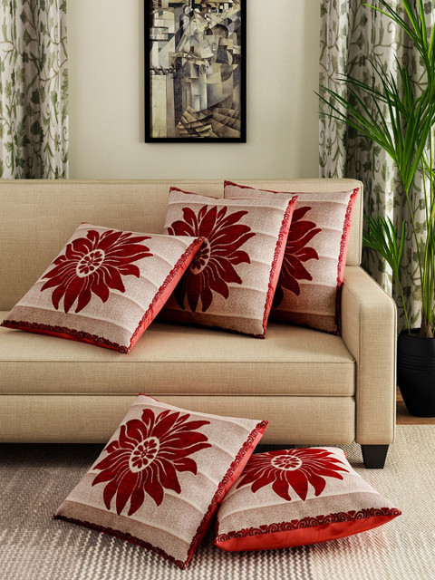 

ROMEE Beige & Red Set of 5 Floral Square Cushion Covers