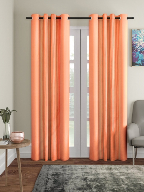 

ROMEE Peach-Coloured Set of 2 Striped Room Darkening Door Curtain