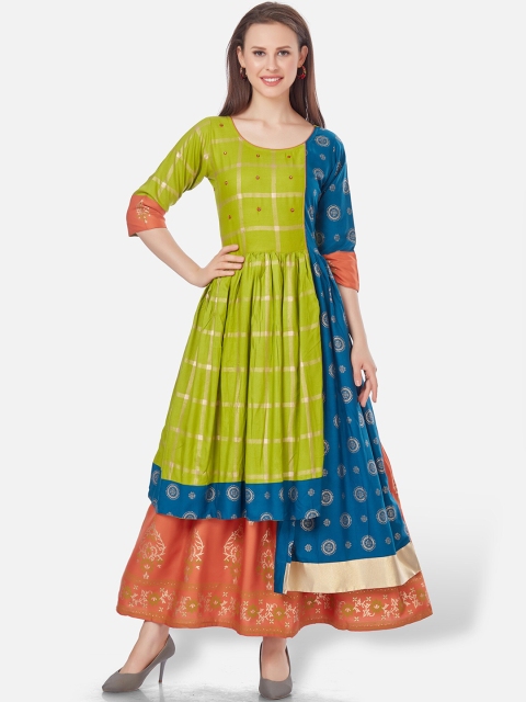 

Kiana Green & Teal Blue Ethnic Motifs A-Line Maxi Dress