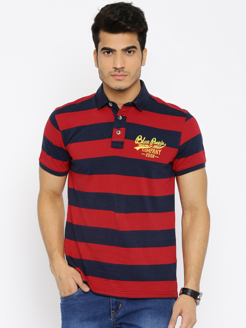 

People Men Navy & Red Striped Polo T-shirt, Navy blue