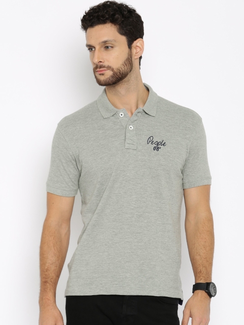 

People Men Grey Melange Solid Polo Collar T-Shirt