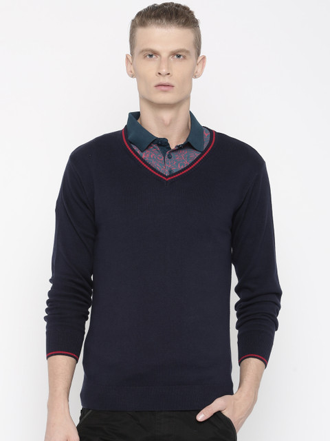 

People Men Navy Solid Sweater, Navy blue