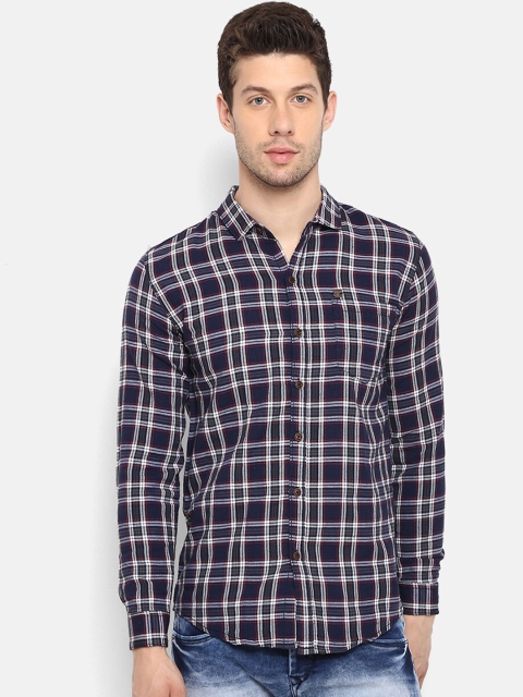 

V2 Value & Variety Men Navy Blue & Off-White Tartan Checked Casual Shirt