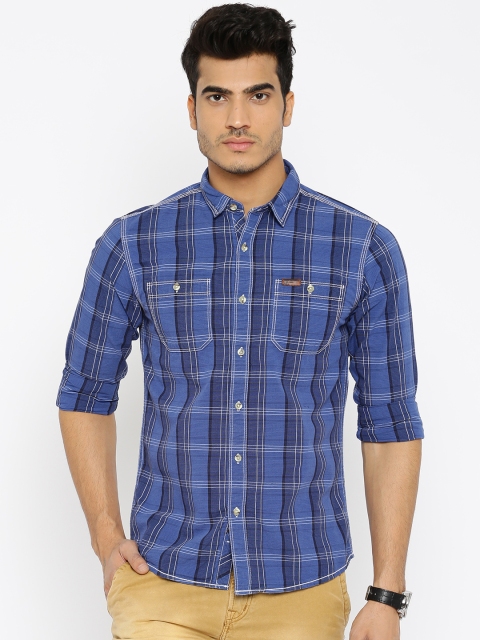 

People Men Blue Regular Fit Checked Casual Shirt