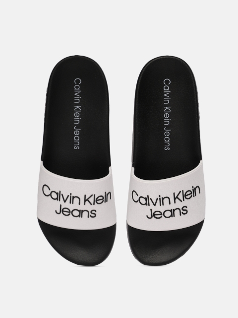 

Calvin Klein Men White & Black ALBURN Brand Logo Self-Design Sliders