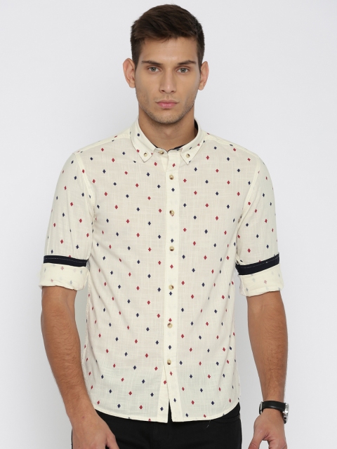 

People Men Cream-Coloured Slim Fit Printed Casual Shirt