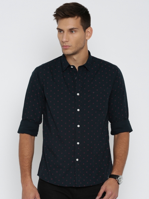 

People Men Navy Slim Fit Printed Casual Shirt, Navy blue