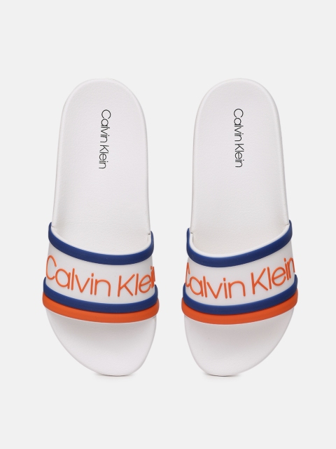 

Calvin Klein Men White & Blue Striped Sliders