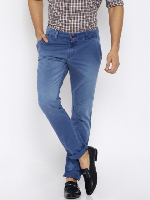 

People Men Blue Solid Regular Fit Flat-Front Trousers