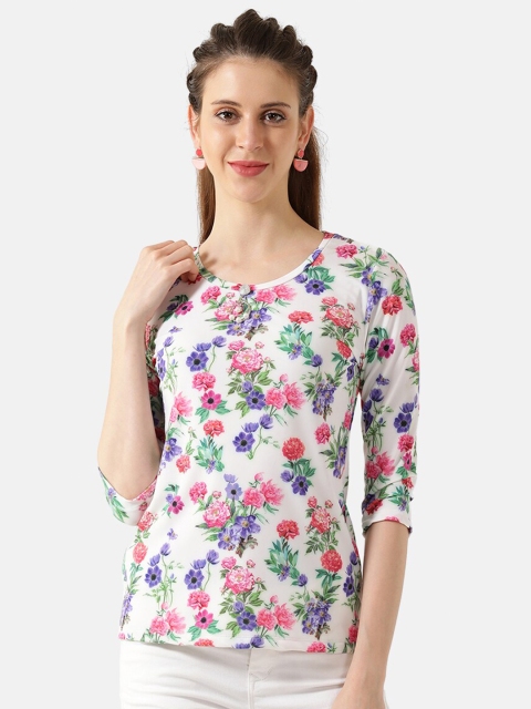 

V2 Value & Variety White & Multicoloured Floral Printed Knitted Regular Top