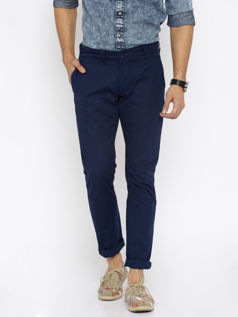 

People Men Navy Solid Slim Fit Chino Trousers, Navy blue