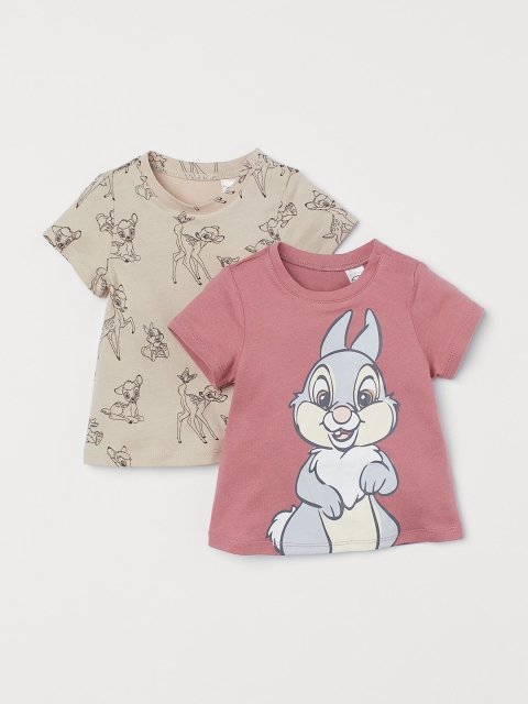 

H&M Pack of 2 Girls Pink & Beige Bambi Printed Cotton T-shirts