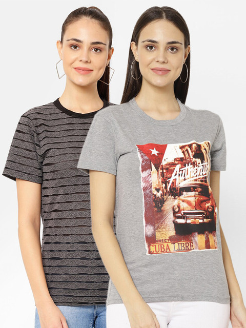

VIMAL JONNEY Women Pack Of 2 Printed T-shirt, Grey