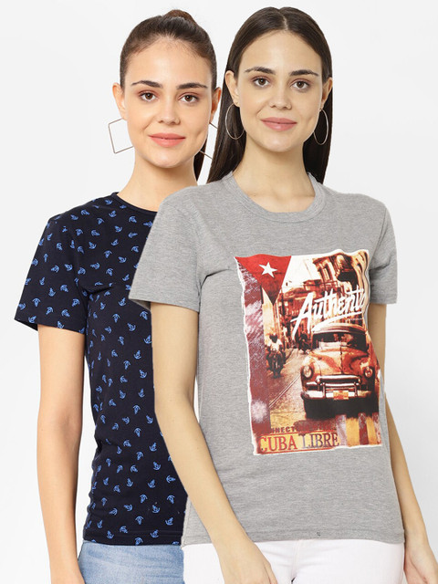 

VIMAL JONNEY Women Pack Of 2 Navy Blue & Grey Printed T-shirts