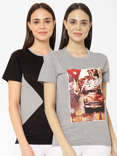 

VIMAL JONNEY Women Pack Of 2 Printed Round Neck T-Shirts, Grey