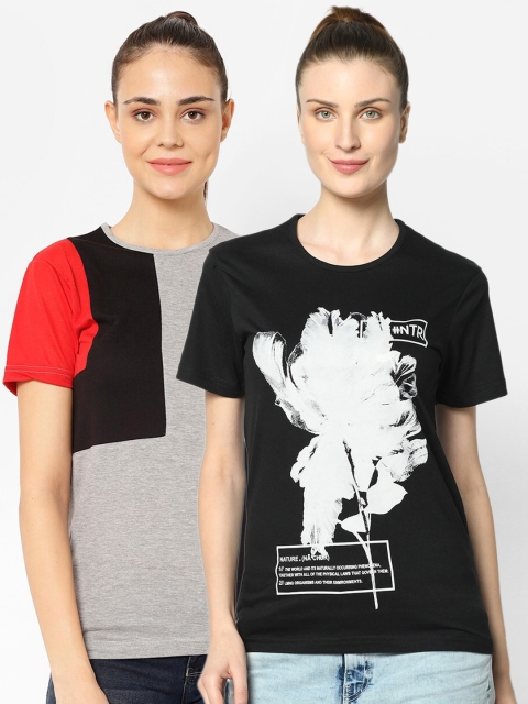 

VIMAL JONNEY Women Pack of 2 Black & Grey Printed T-shirt