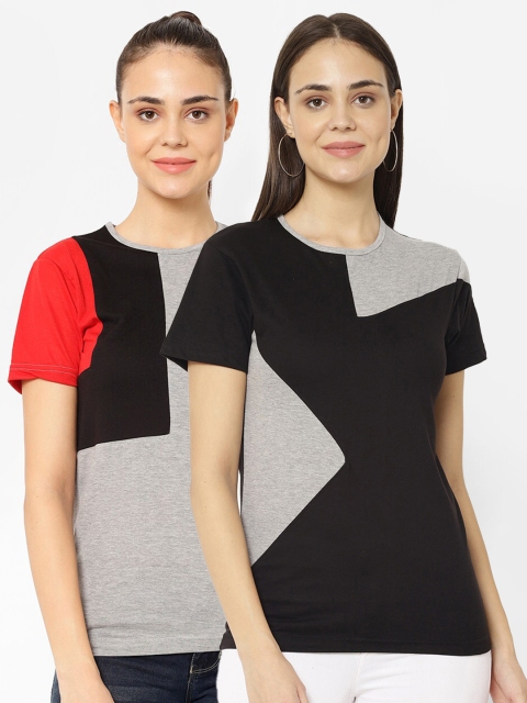 

VIMAL JONNEY Women Pack Of 2 Colourblocked Round Neck T-Shirts, Black