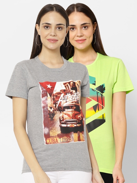 

VIMAL JONNEY Women Pack Of 2 Printed Round Neck T-Shirts, Grey